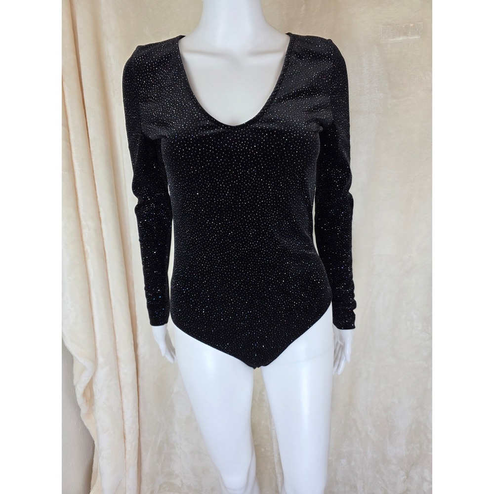 Charlotte Russe Black Glitter Bodysuit Long Sleeve Scoop‎ Neck Sparkly Small